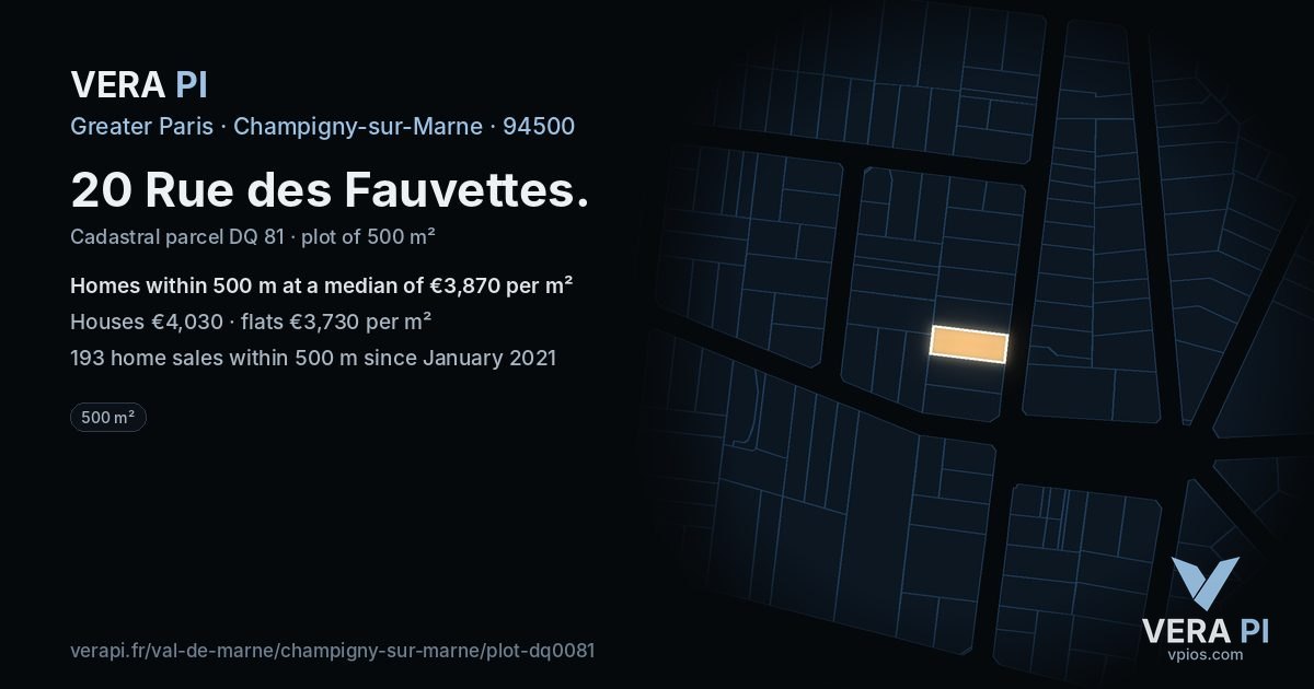 20 Rue des Fauvettes, Champigny-sur-Marne at night – the plot lit, the parcels around coloured by the prices near them