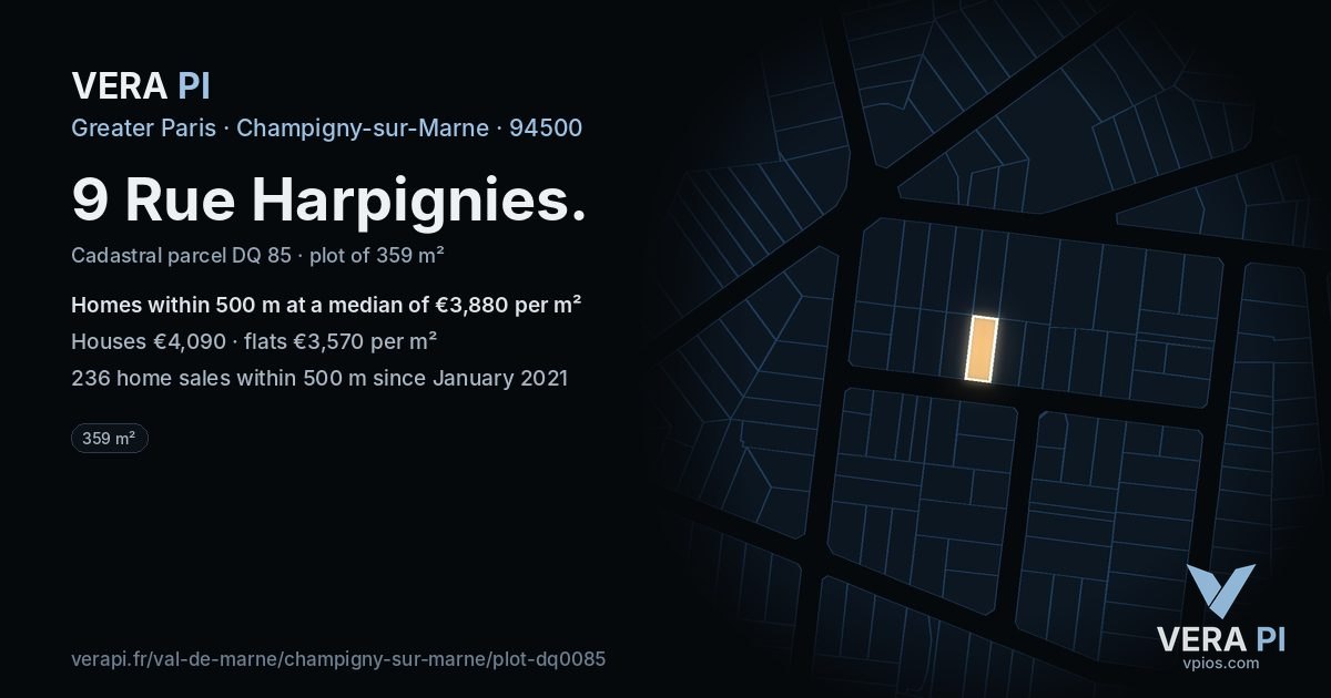 9 Rue Harpignies, Champigny-sur-Marne at night – the plot lit, the parcels around coloured by the prices near them