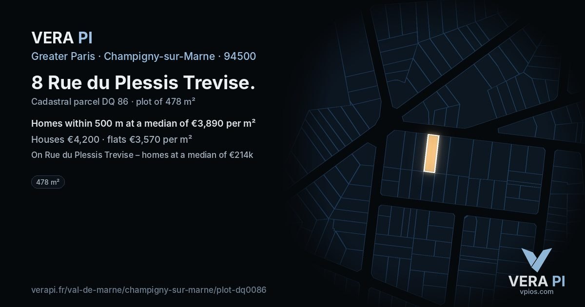 8 Rue du Plessis Trevise, Champigny-sur-Marne at night – the plot lit, the parcels around coloured by the prices near them