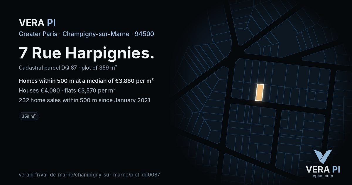 7 Rue Harpignies, Champigny-sur-Marne at night – the plot lit, the parcels around coloured by the prices near them