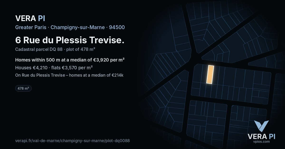 6 Rue du Plessis Trevise, Champigny-sur-Marne at night – the plot lit, the parcels around coloured by the prices near them