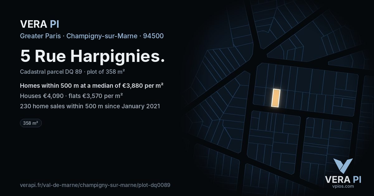5 Rue Harpignies, Champigny-sur-Marne at night – the plot lit, the parcels around coloured by the prices near them