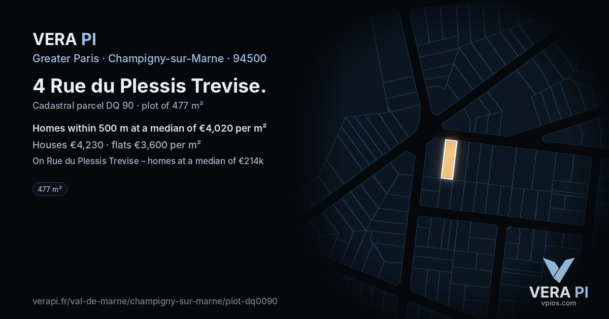 4 Rue du Plessis Trevise, Champigny-sur-Marne at night – the plot lit, the parcels around coloured by the prices near them