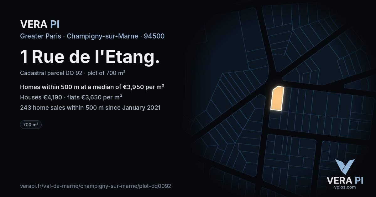 1 Rue de l'Etang, Champigny-sur-Marne at night – the plot lit, the parcels around coloured by the prices near them