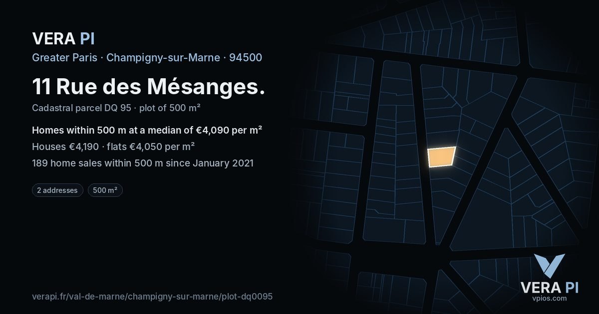 11 Rue des Mésanges, Champigny-sur-Marne at night – the plot lit, the parcels around coloured by the prices near them