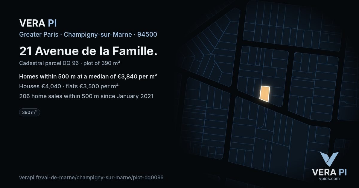 21 Avenue de la Famille, Champigny-sur-Marne at night – the plot lit, the parcels around coloured by the prices near them
