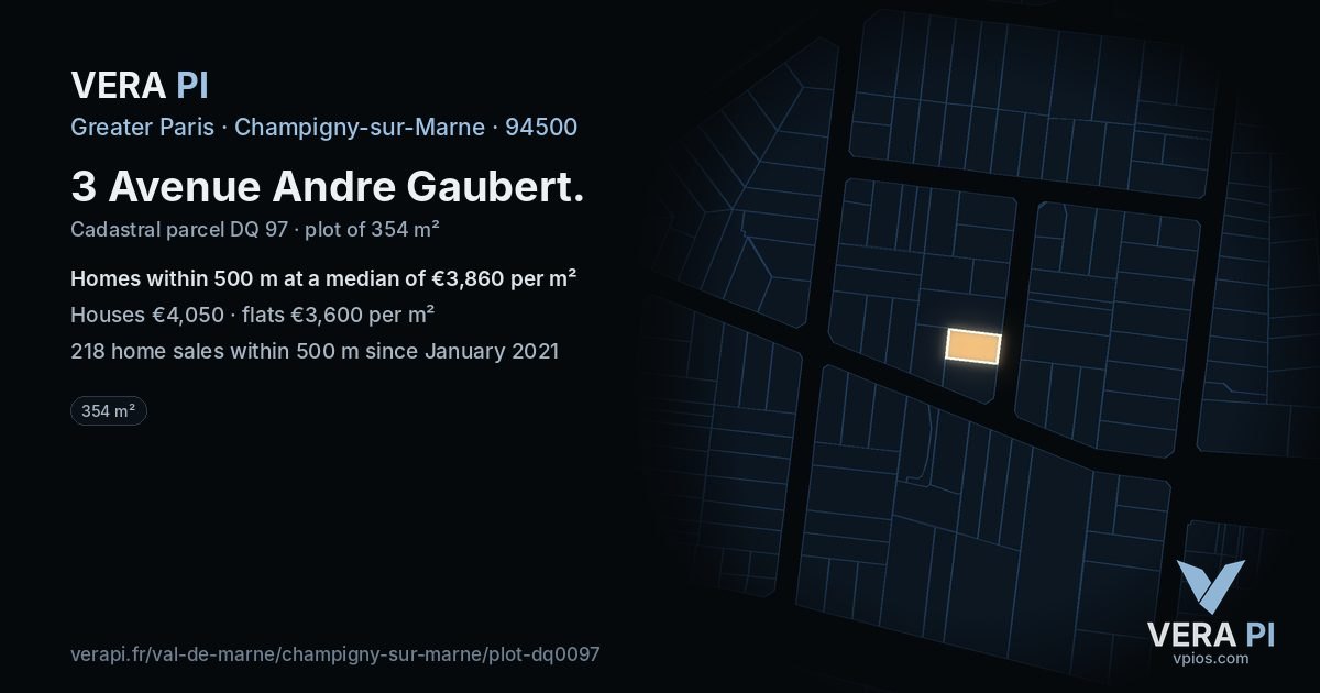 3 Avenue Andre Gaubert, Champigny-sur-Marne at night – the plot lit, the parcels around coloured by the prices near them