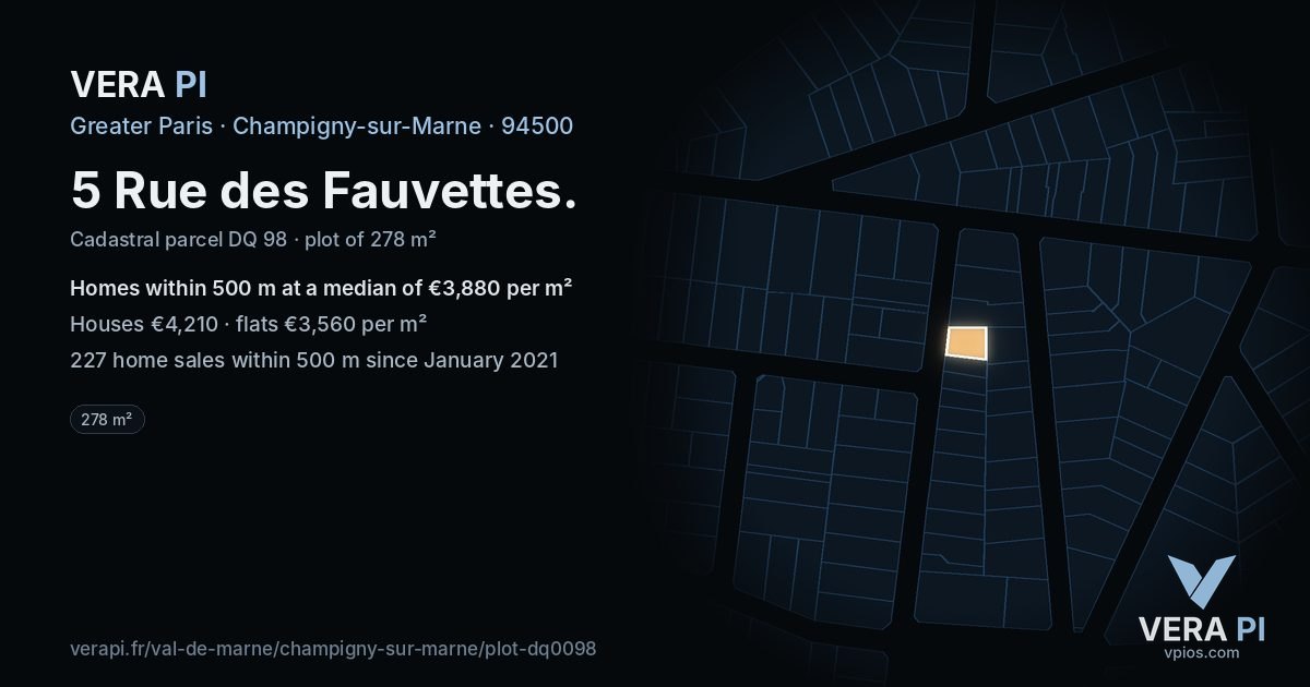 5 Rue des Fauvettes, Champigny-sur-Marne at night – the plot lit, the parcels around coloured by the prices near them