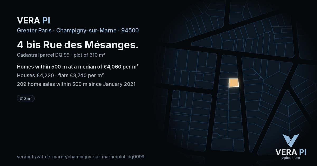 4 bis Rue des Mésanges, Champigny-sur-Marne at night – the plot lit, the parcels around coloured by the prices near them