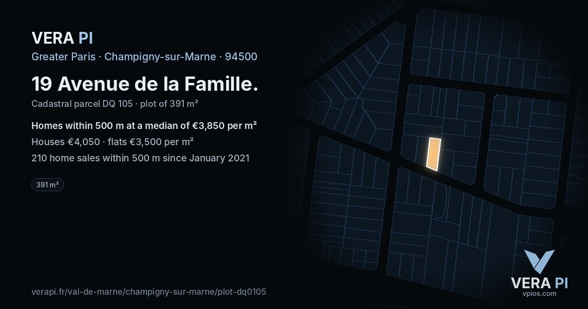 19 Avenue de la Famille, Champigny-sur-Marne at night – the plot lit, the parcels around coloured by the prices near them