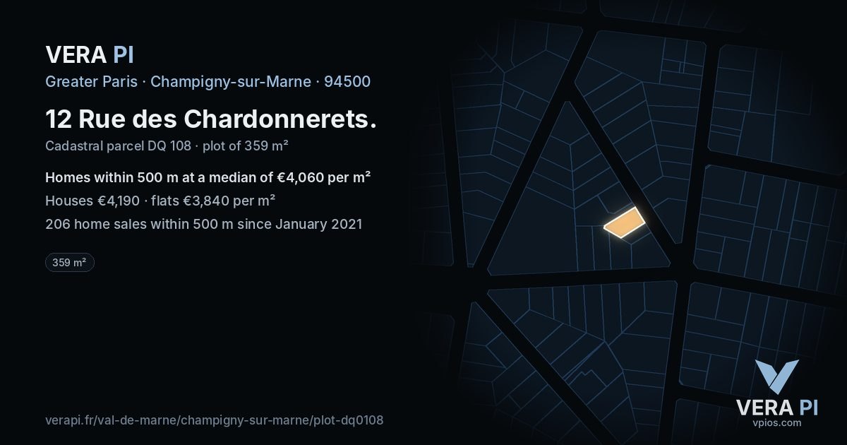 12 Rue des Chardonnerets, Champigny-sur-Marne at night – the plot lit, the parcels around coloured by the prices near them