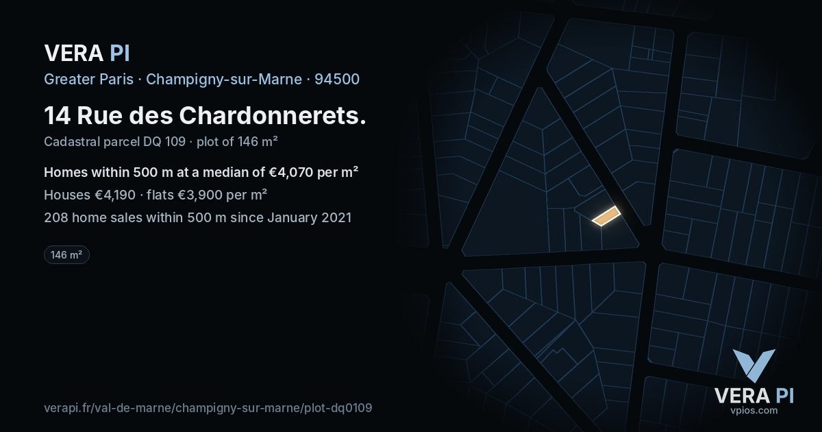 14 Rue des Chardonnerets, Champigny-sur-Marne at night – the plot lit, the parcels around coloured by the prices near them