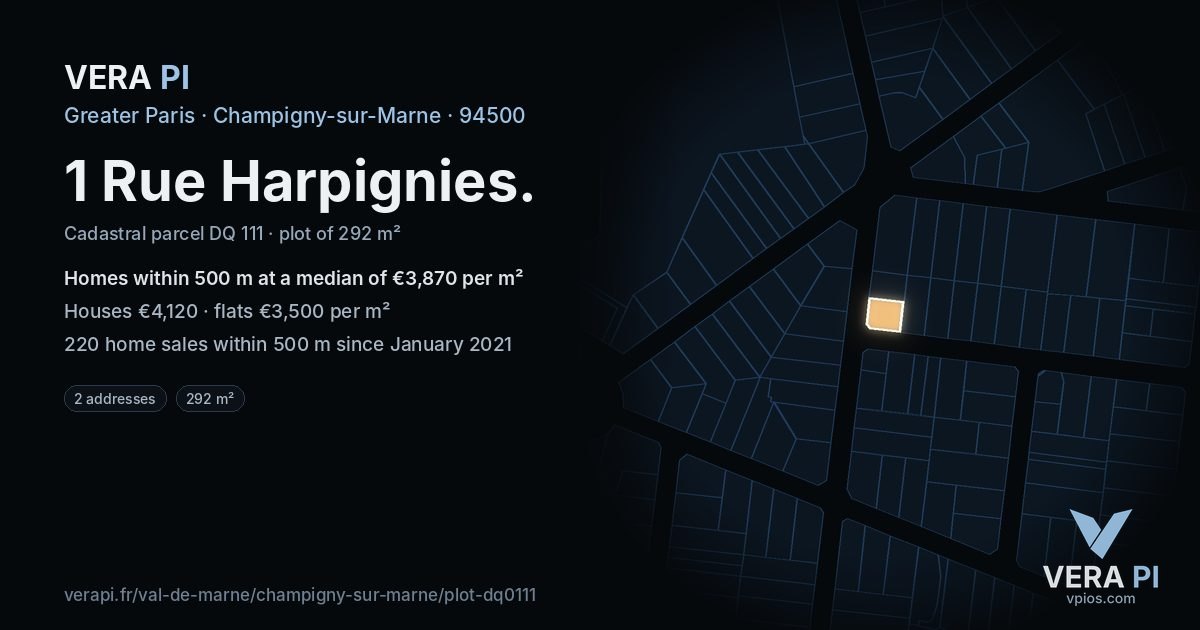 1 Rue Harpignies, Champigny-sur-Marne at night – the plot lit, the parcels around coloured by the prices near them