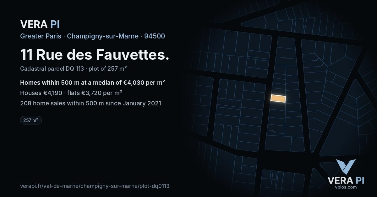 11 Rue des Fauvettes, Champigny-sur-Marne at night – the plot lit, the parcels around coloured by the prices near them