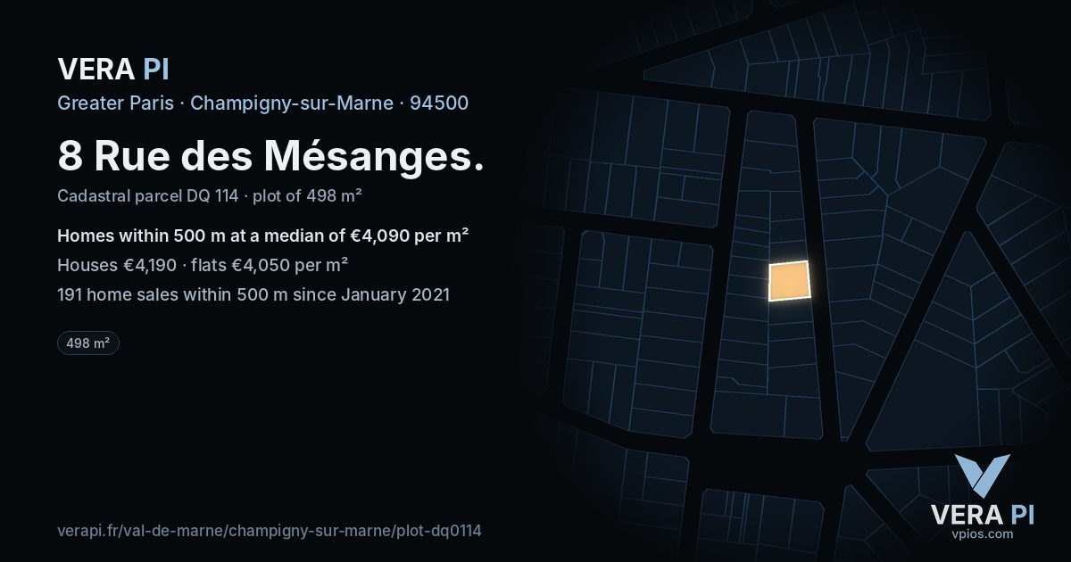 8 Rue des Mésanges, Champigny-sur-Marne at night – the plot lit, the parcels around coloured by the prices near them