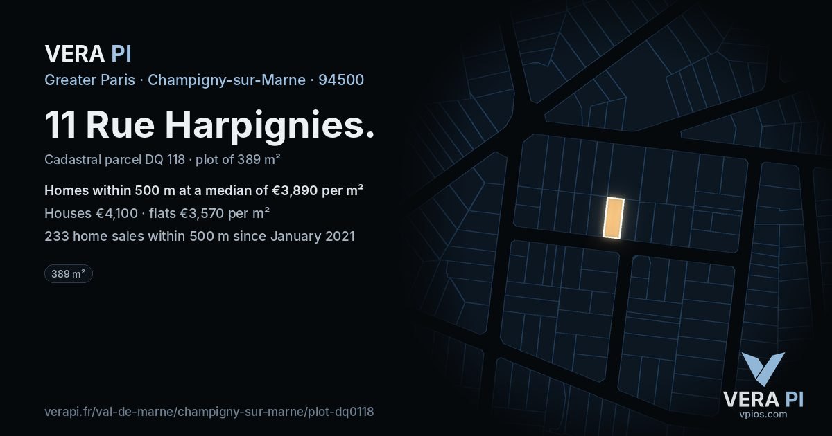11 Rue Harpignies, Champigny-sur-Marne at night – the plot lit, the parcels around coloured by the prices near them