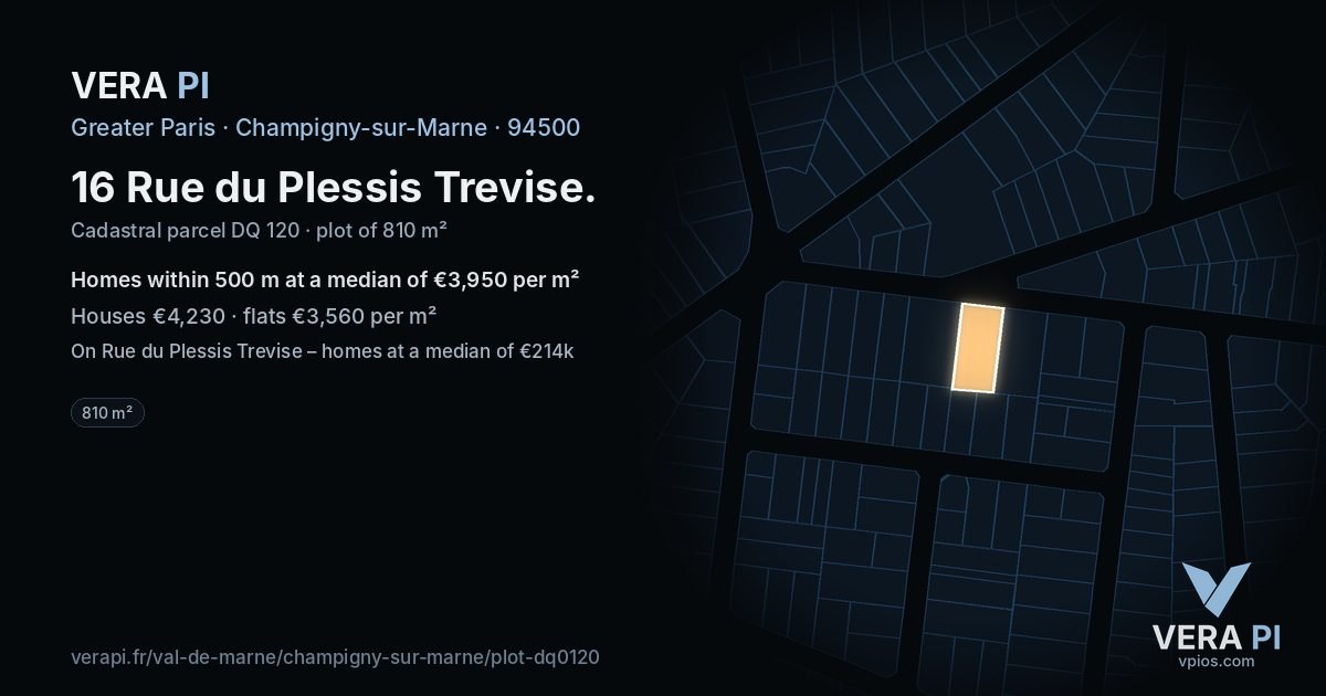 16 Rue du Plessis Trevise, Champigny-sur-Marne at night – the plot lit, the parcels around coloured by the prices near them