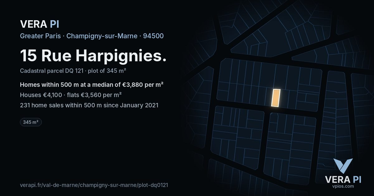 15 Rue Harpignies, Champigny-sur-Marne at night – the plot lit, the parcels around coloured by the prices near them
