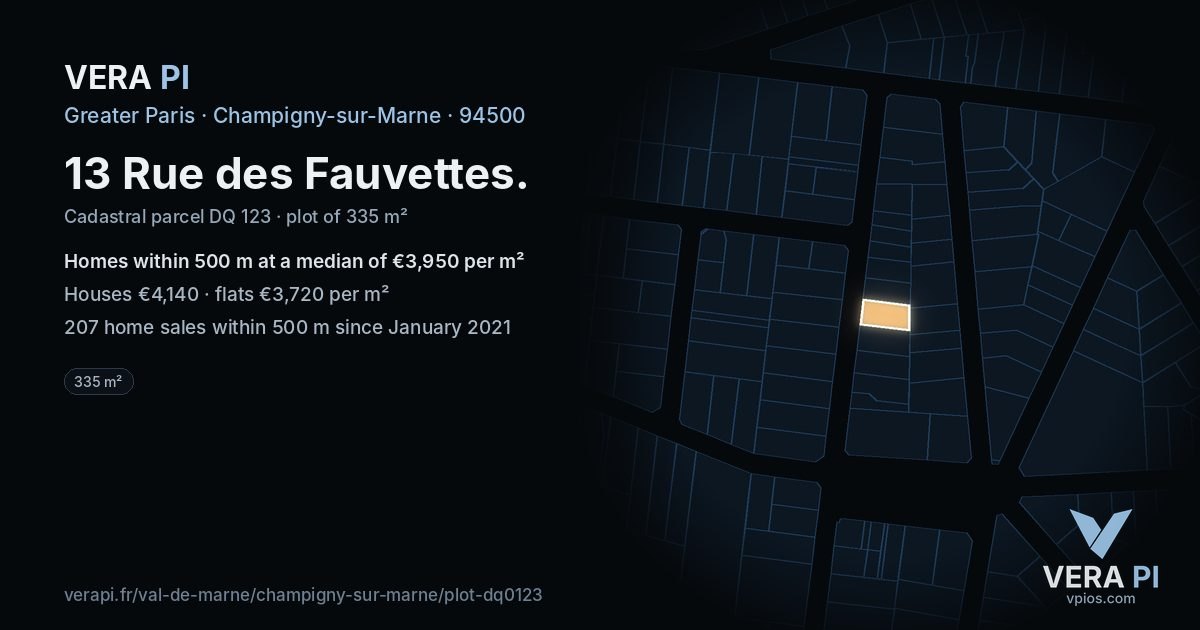 13 Rue des Fauvettes, Champigny-sur-Marne at night – the plot lit, the parcels around coloured by the prices near them