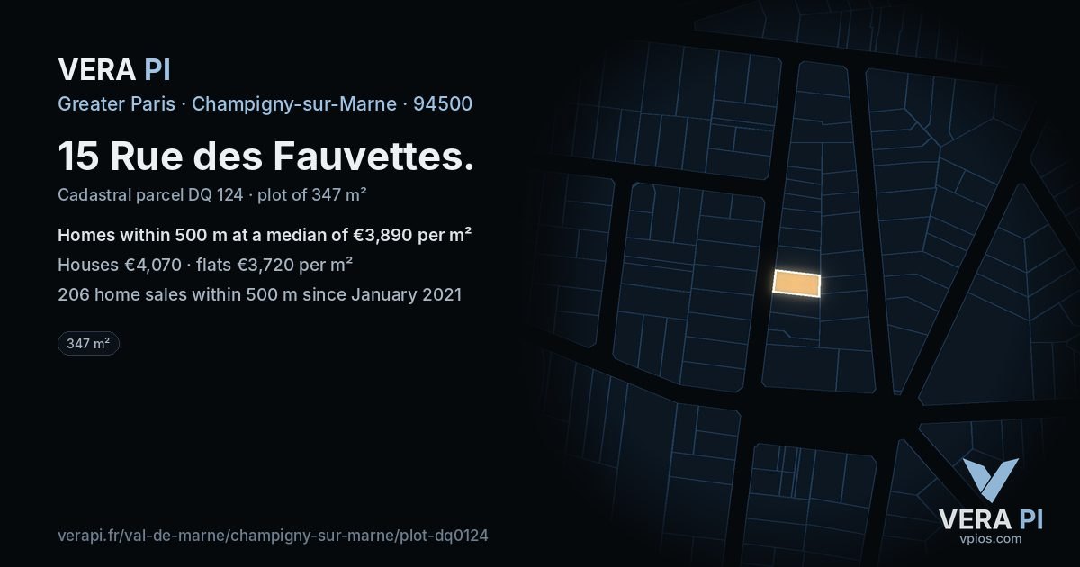 15 Rue des Fauvettes, Champigny-sur-Marne at night – the plot lit, the parcels around coloured by the prices near them