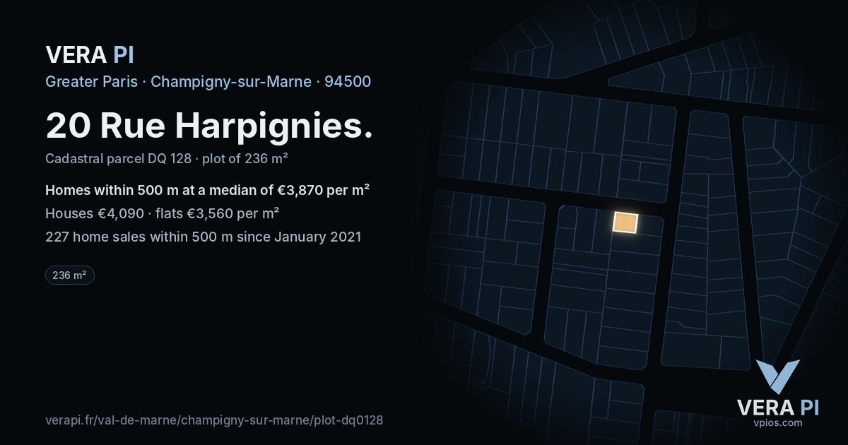 20 Rue Harpignies, Champigny-sur-Marne at night – the plot lit, the parcels around coloured by the prices near them