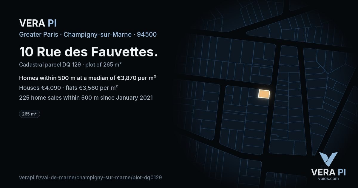 10 Rue des Fauvettes, Champigny-sur-Marne at night – the plot lit, the parcels around coloured by the prices near them
