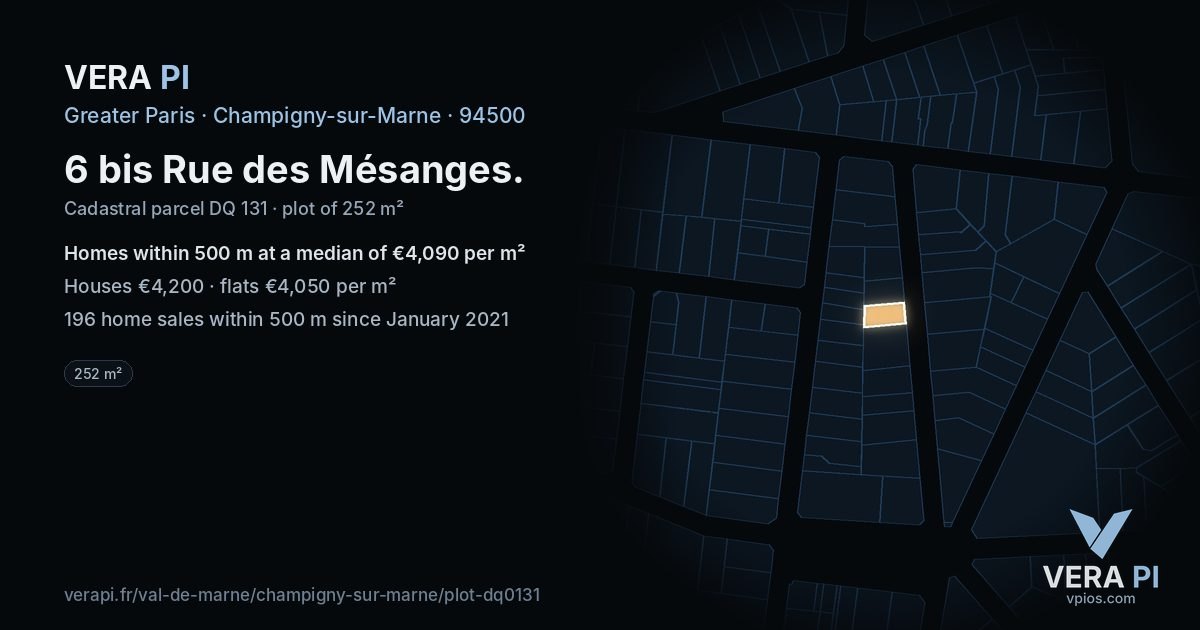 6 bis Rue des Mésanges, Champigny-sur-Marne at night – the plot lit, the parcels around coloured by the prices near them
