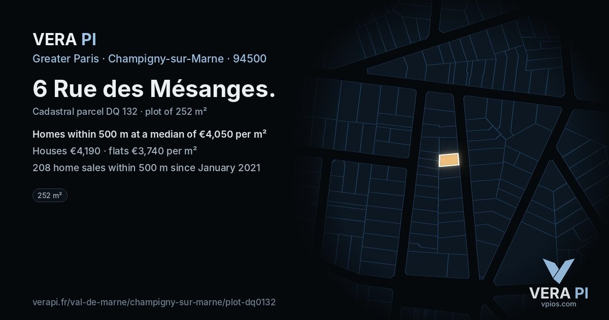 6 Rue des Mésanges, Champigny-sur-Marne at night – the plot lit, the parcels around coloured by the prices near them