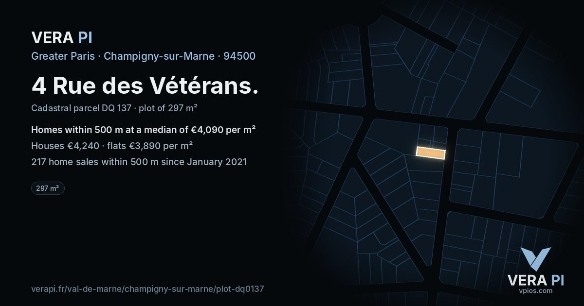 4 Rue des Vétérans, Champigny-sur-Marne at night – the plot lit, the parcels around coloured by the prices near them