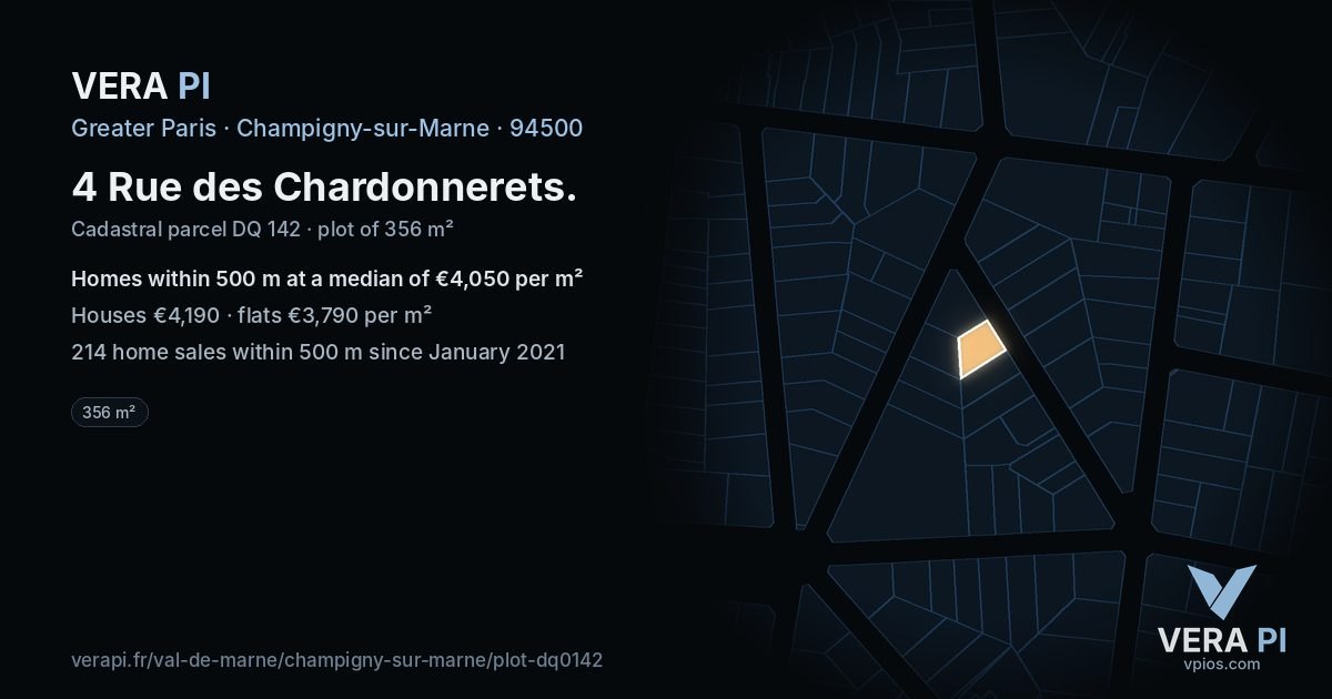 4 Rue des Chardonnerets, Champigny-sur-Marne at night – the plot lit, the parcels around coloured by the prices near them