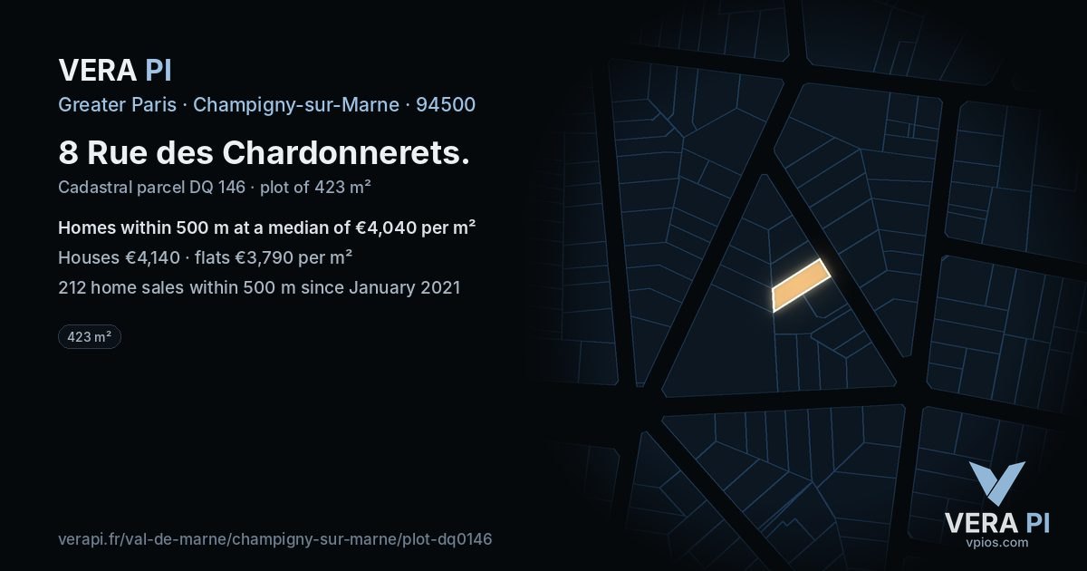 8 Rue des Chardonnerets, Champigny-sur-Marne at night – the plot lit, the parcels around coloured by the prices near them