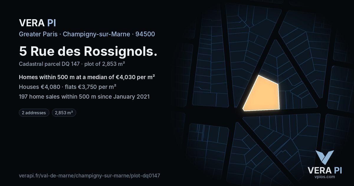 5 Rue des Rossignols, Champigny-sur-Marne at night – the plot lit, the parcels around coloured by the prices near them