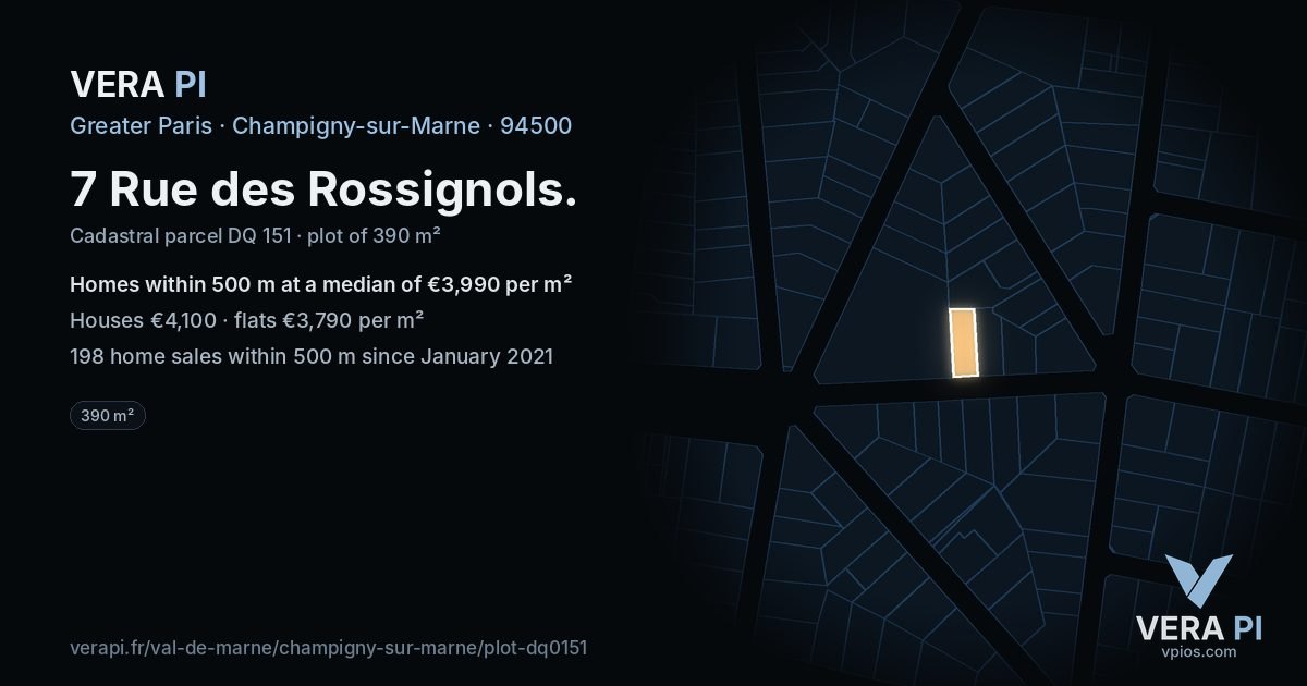 7 Rue des Rossignols, Champigny-sur-Marne at night – the plot lit, the parcels around coloured by the prices near them