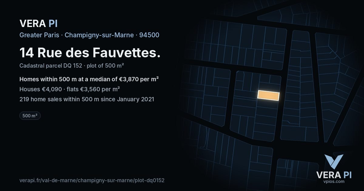 14 Rue des Fauvettes, Champigny-sur-Marne at night – the plot lit, the parcels around coloured by the prices near them