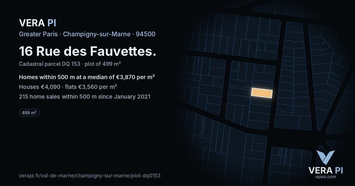 16 Rue des Fauvettes, Champigny-sur-Marne at night – the plot lit, the parcels around coloured by the prices near them