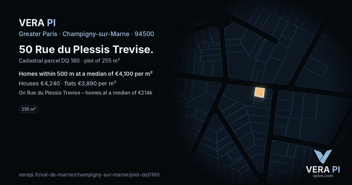 50 Rue du Plessis Trevise, Champigny-sur-Marne at night – the plot lit, the parcels around coloured by the prices near them