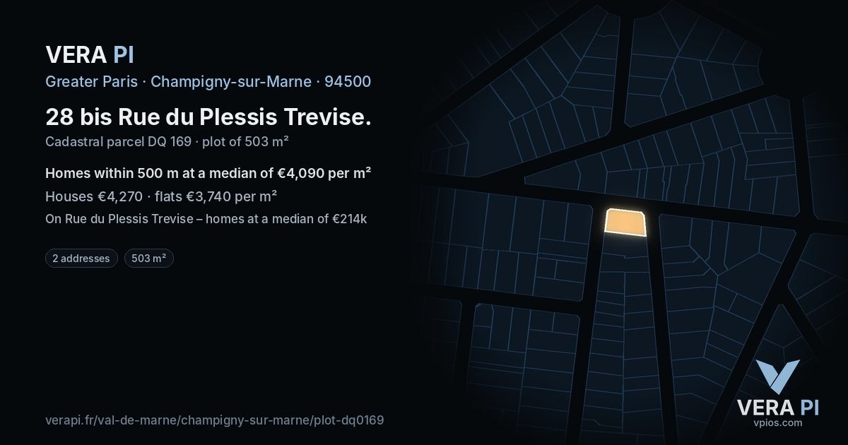 28 bis Rue du Plessis Trevise, Champigny-sur-Marne at night – the plot lit, the parcels around coloured by the prices near them