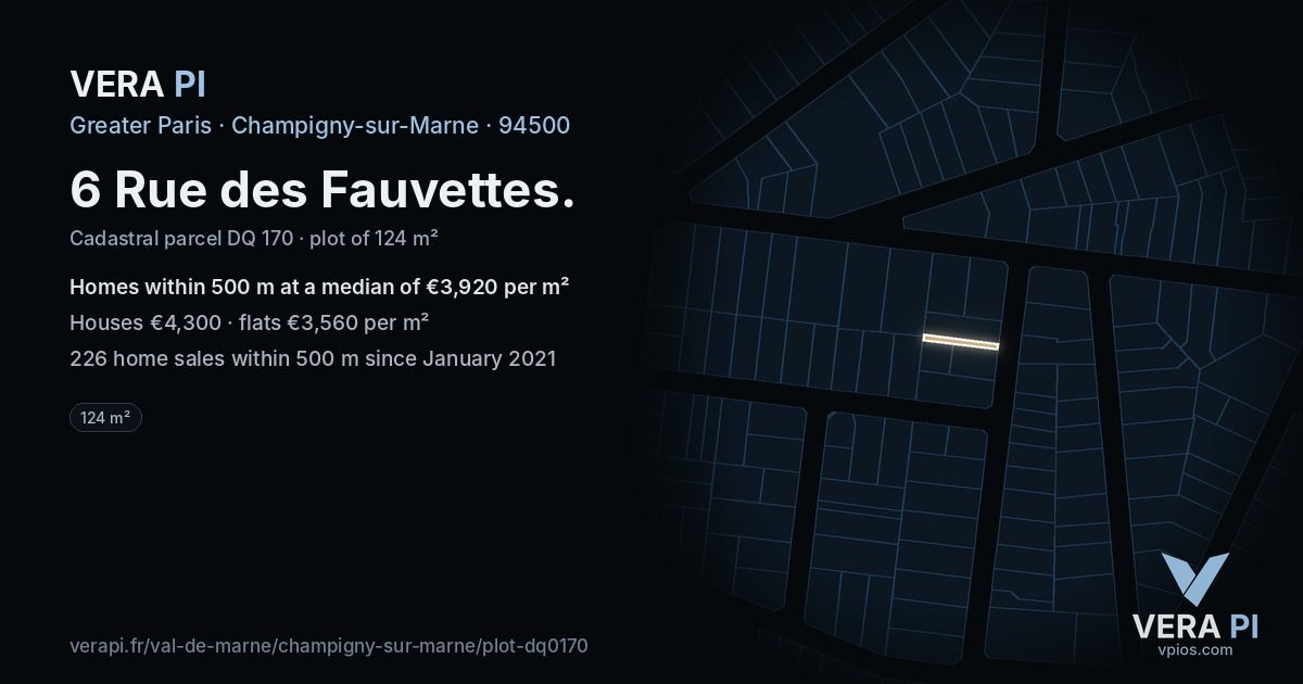 6 Rue des Fauvettes, Champigny-sur-Marne at night – the plot lit, the parcels around coloured by the prices near them