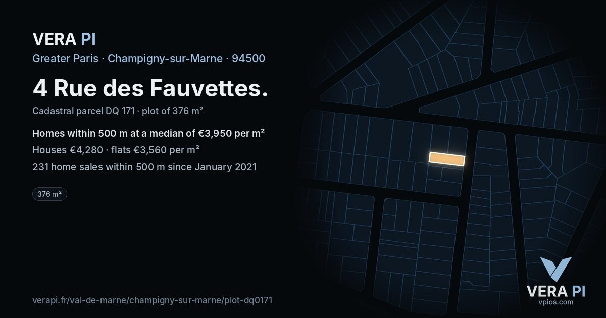 4 Rue des Fauvettes, Champigny-sur-Marne at night – the plot lit, the parcels around coloured by the prices near them