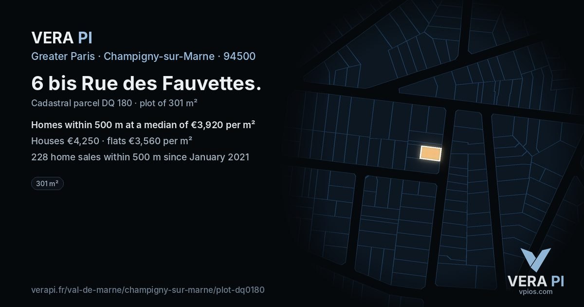 6 bis Rue des Fauvettes, Champigny-sur-Marne at night – the plot lit, the parcels around coloured by the prices near them