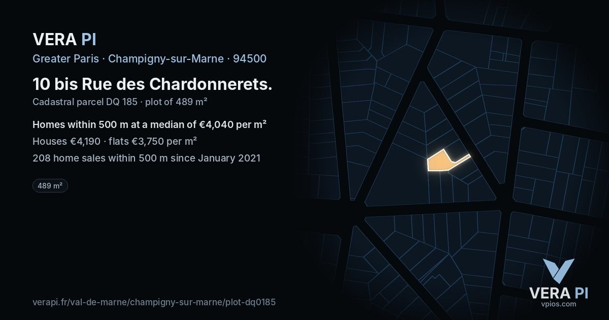 10 bis Rue des Chardonnerets, Champigny-sur-Marne at night – the plot lit, the parcels around coloured by the prices near them