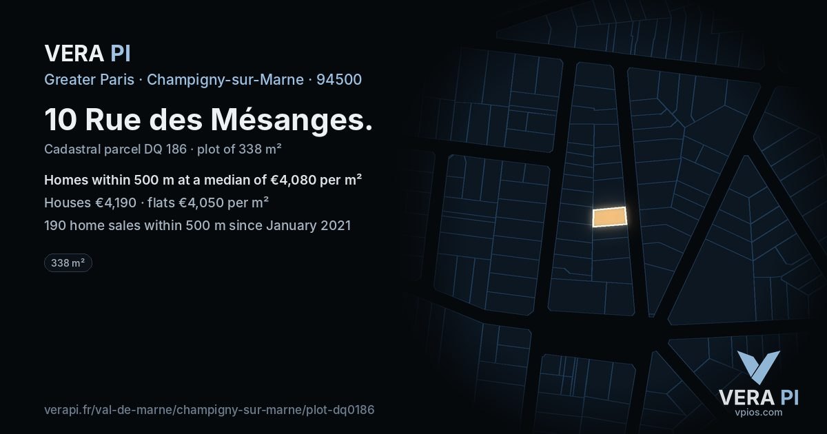 10 Rue des Mésanges, Champigny-sur-Marne at night – the plot lit, the parcels around coloured by the prices near them
