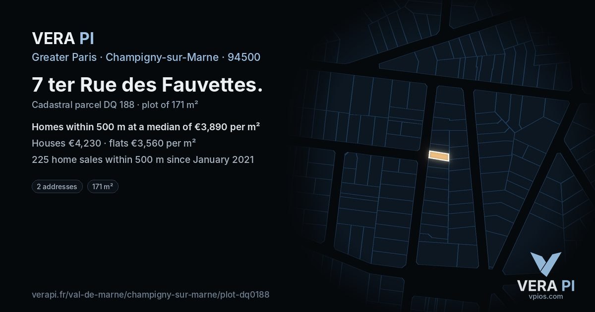 7 ter Rue des Fauvettes, Champigny-sur-Marne at night – the plot lit, the parcels around coloured by the prices near them