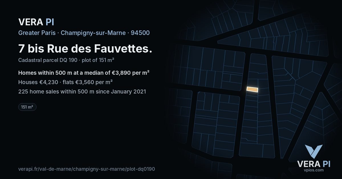 7 bis Rue des Fauvettes, Champigny-sur-Marne at night – the plot lit, the parcels around coloured by the prices near them