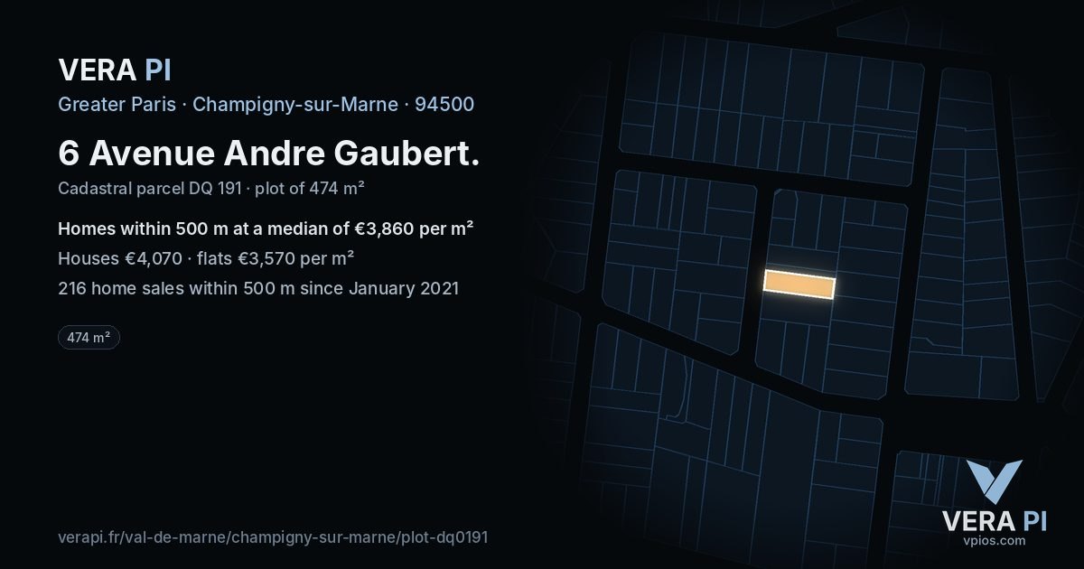 6 Avenue Andre Gaubert, Champigny-sur-Marne at night – the plot lit, the parcels around coloured by the prices near them