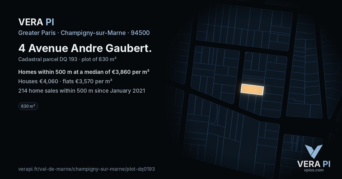 4 Avenue Andre Gaubert, Champigny-sur-Marne at night – the plot lit, the parcels around coloured by the prices near them
