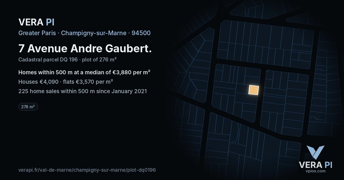 7 Avenue Andre Gaubert, Champigny-sur-Marne at night – the plot lit, the parcels around coloured by the prices near them