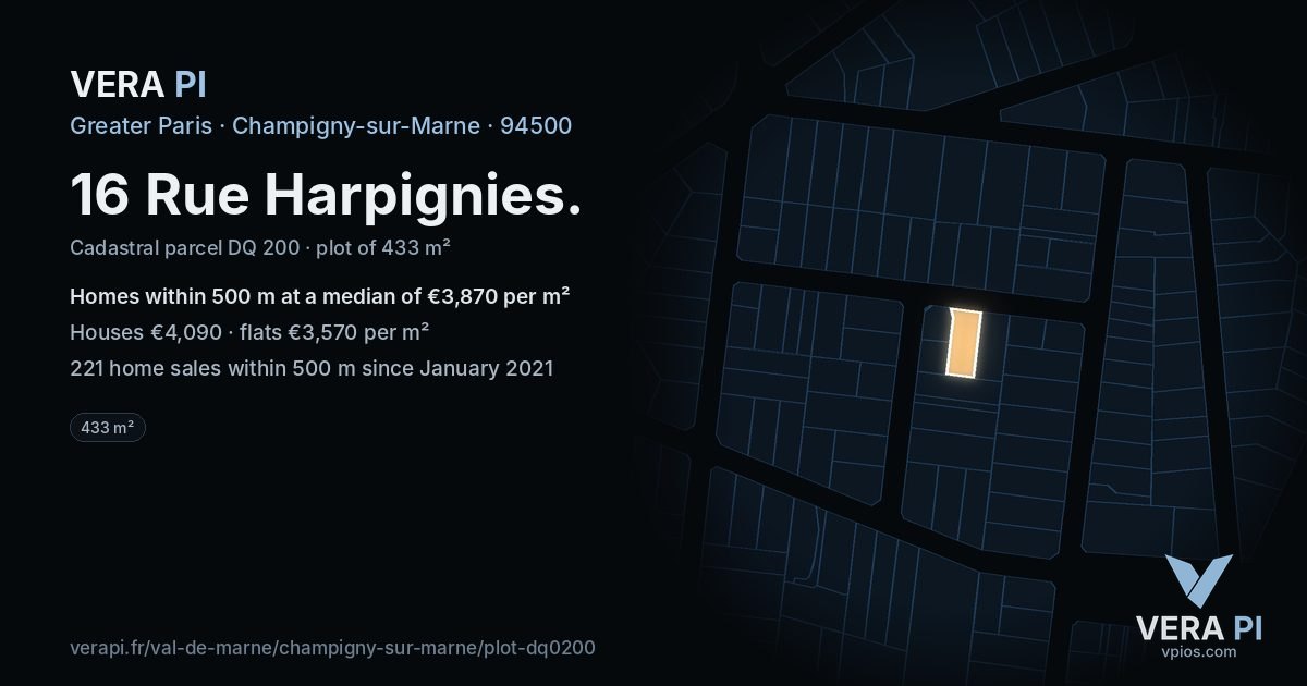 16 Rue Harpignies, Champigny-sur-Marne at night – the plot lit, the parcels around coloured by the prices near them