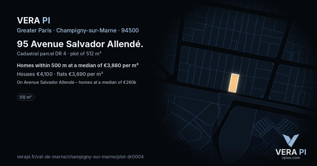 95 Avenue Salvador Allendé, Champigny-sur-Marne at night – the plot lit, the parcels around coloured by the prices near them