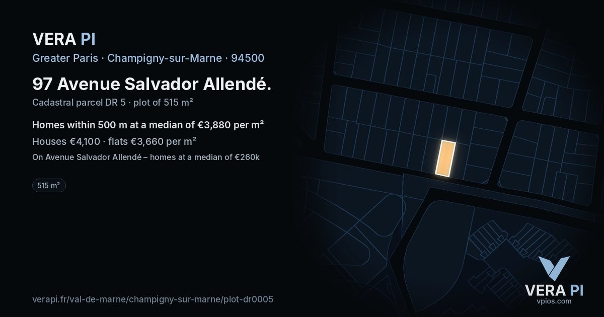 97 Avenue Salvador Allendé, Champigny-sur-Marne at night – the plot lit, the parcels around coloured by the prices near them